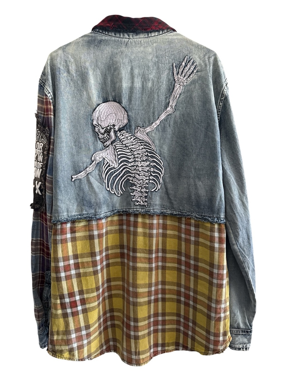 Men's Mixed-Media Red Plaid Distressed Patchwork Embroidered Skeleton Shirt OOAK
